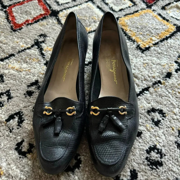 Salvatore Ferragamo Womens Animal Print Loafers 8.5 Black Lizard Whimsigoth - Picture 13 of 13